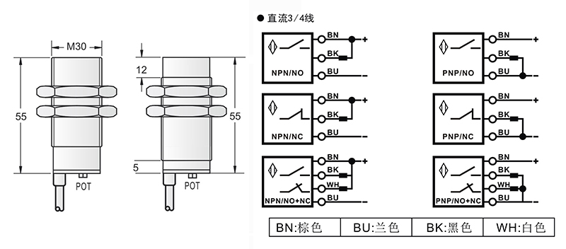 M30-55mm圓柱標(biāo)準(zhǔn)型接近開(kāi)關(guān)出線(xiàn)式
